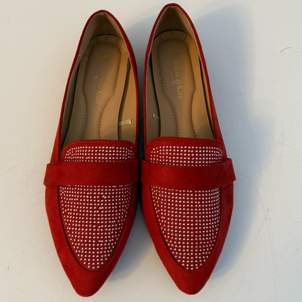 Olivia & Kate Red Faux Suede Flats with Rhinestones - Size 10